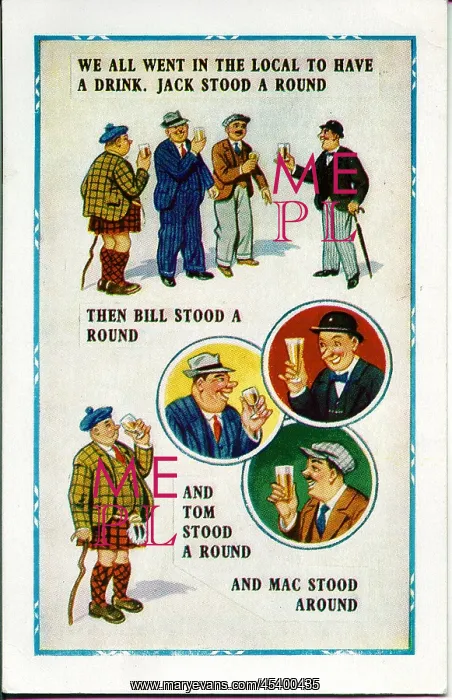 : Comic postcard, Buying rounds in a pub - or not : Comic postcard, Buying rounds in a pub - or not