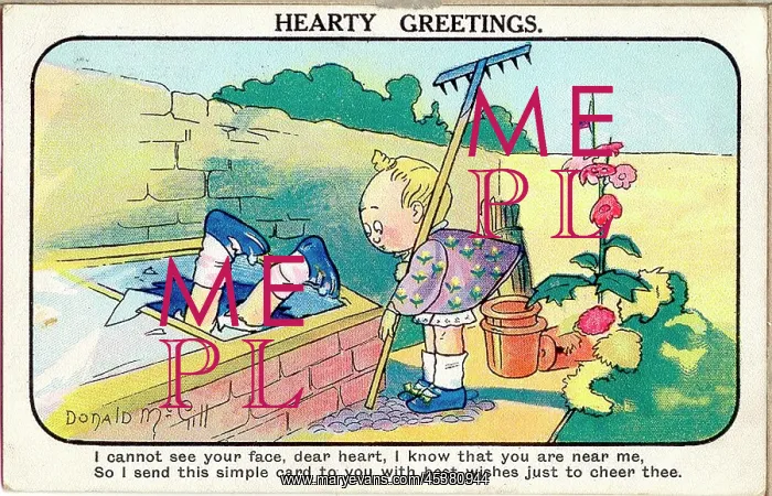 : Comic postcard, Two children in a garden : Comic postcard, Two children in a garden