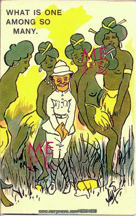 : Comic postcard, Colonial man with native women : Comic postcard, Colonial man with native women