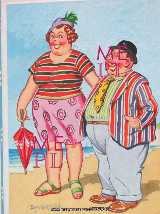 : Comic postcard, Colourful couple on the beach : Comic postcard, Colourful couple on the beach