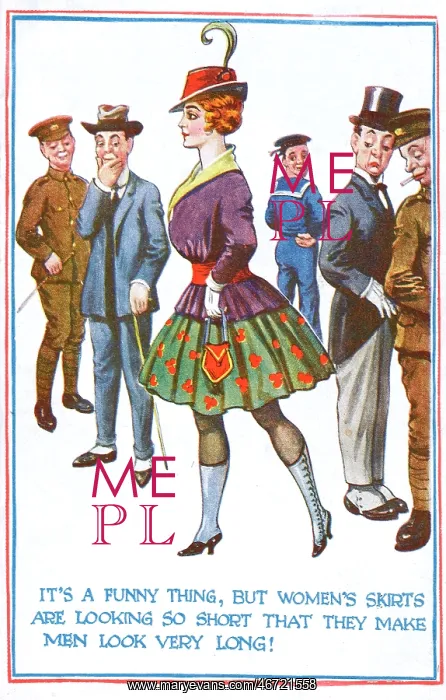 : Comic postcard commenting on the length of women's skirts : Comic postcard commenting on the length of women's skirts