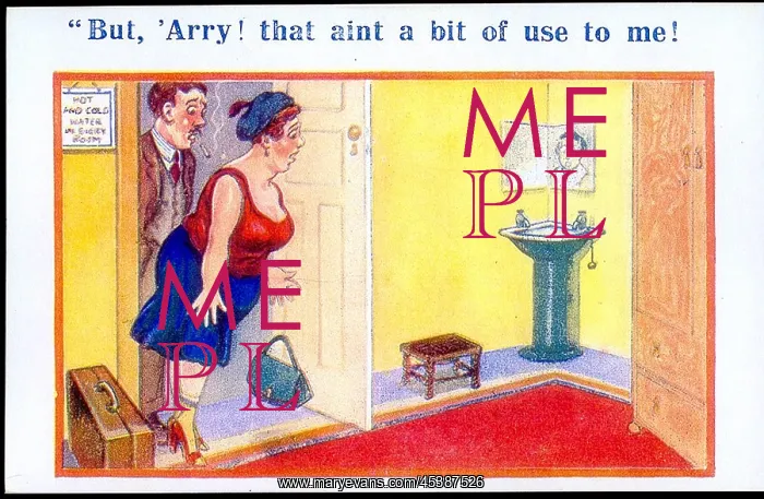 : Comic postcard, Couple arrive in hotel room : Comic postcard, Couple arrive in hotel room