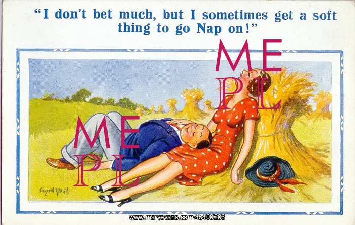 : Comic postcard, Couple asleep in the countryside : Comic postcard, Couple asleep in the countryside