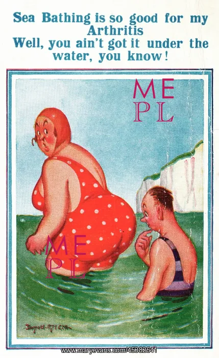 : Comic postcard, couple bathing in the sea : Comic postcard, couple bathing in the sea