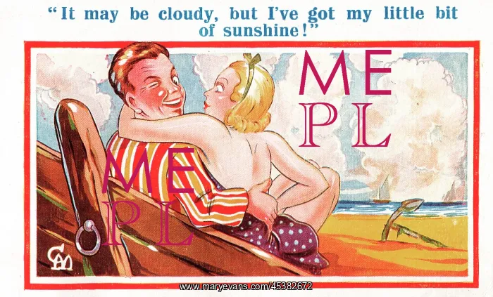 : Comic postcard, Couple on the beach : Comic postcard, Couple on the beach