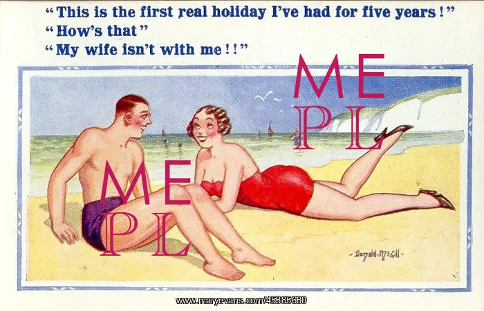 : Comic postcard, Couple on the beach : Comic postcard, Couple on the beach