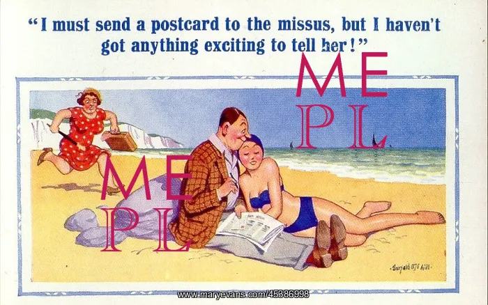 : Comic postcard, Couple on the beach : Comic postcard, Couple on the beach