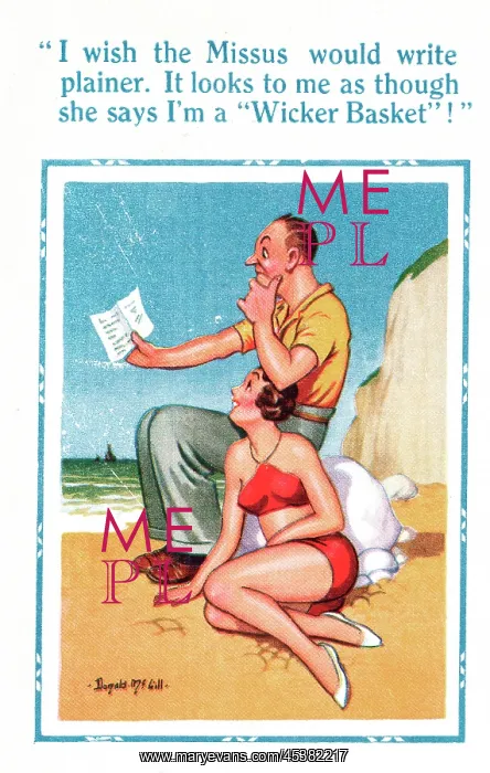 : Comic postcard, Couple on the beach - letter from wife : Comic postcard, Couple on the beach - letter from wife