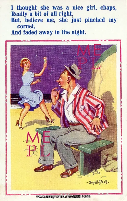 : Comic postcard, Couple on the beach at night : Comic postcard, Couple on the beach at night
