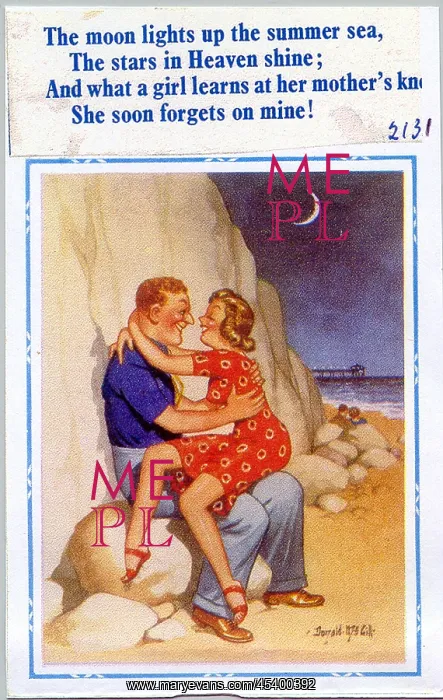 : Comic postcard, Couple on the beach at night : Comic postcard, Couple on the beach at night