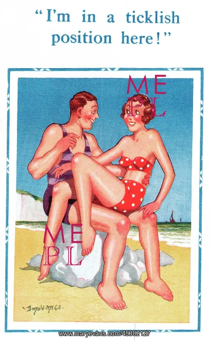 : Comic postcard, Couple on the beach - ticklish position : Comic postcard, Couple on the beach - ticklish position