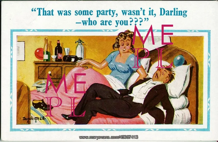 : Comic postcard, Couple in bed - who are you? : Comic postcard, Couple in bed - who are you?