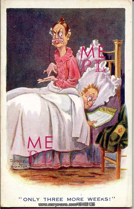 : Comic postcard, Couple in bed, WW1 : Comic postcard, Couple in bed, WW1