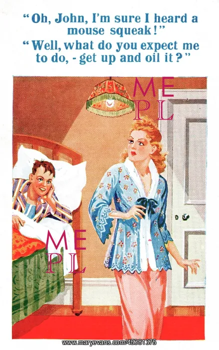  : Comic postcard, couple in bedroom, squeaky mouse