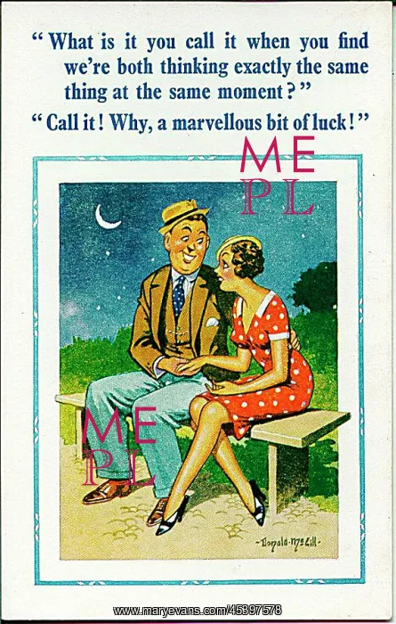 : Comic postcard, Couple on a bench at night : Comic postcard, Couple on a bench at night