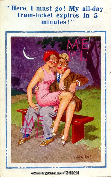 : Comic postcard, Couple on a bench at night : Comic postcard, Couple on a bench at night