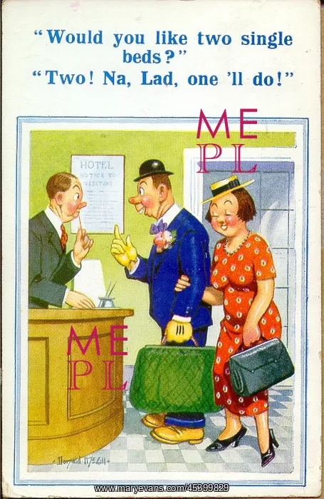 : Comic postcard, Couple booking into hotel : Comic postcard, Couple booking into hotel