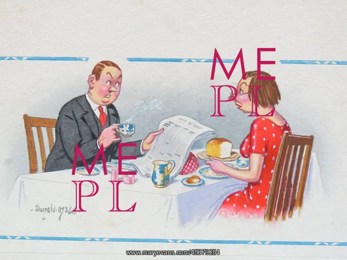 : Comic postcard, Couple at the breakfast table : Comic postcard, Couple at the breakfast table