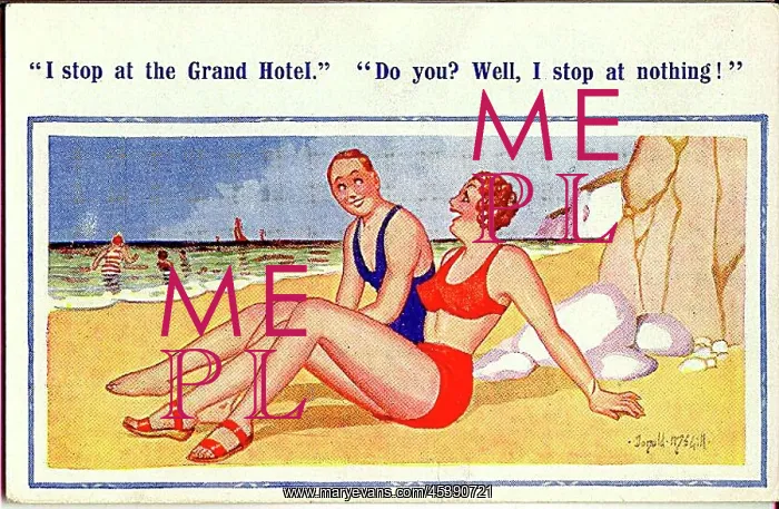 : Comic postcard, Couple chatting on the beach : Comic postcard, Couple chatting on the beach