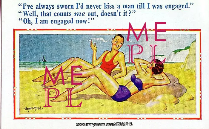 : Comic postcard, Couple chatting on the beach : Comic postcard, Couple chatting on the beach