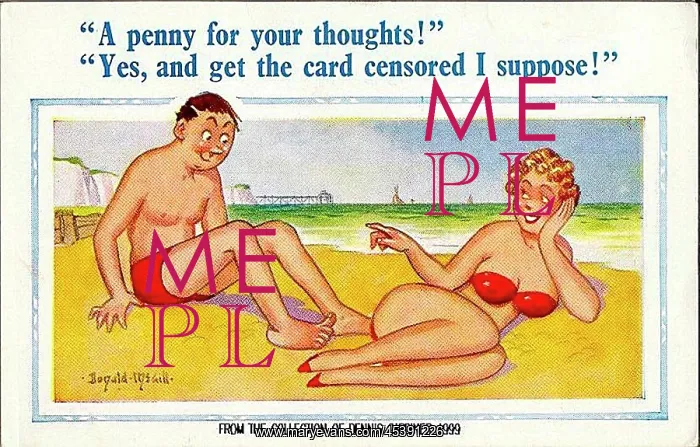 : Comic postcard, Couple chatting on the beach : Comic postcard, Couple chatting on the beach