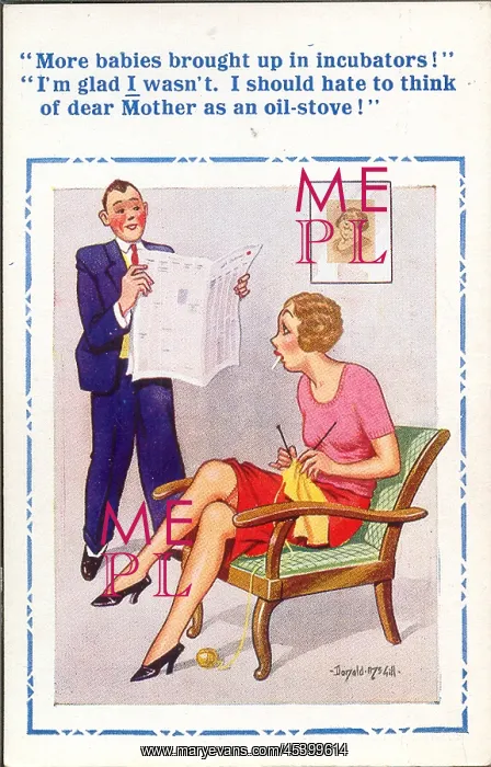 : Comic postcard, Couple discussing incubators for babies : Comic postcard, Couple discussing incubators for babies