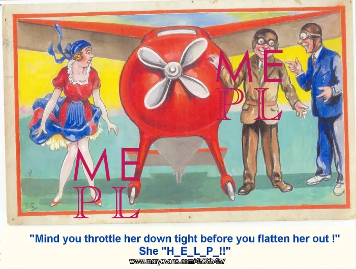 : Comic postcard, Couple about to fly in a monoplane : Comic postcard, Couple about to fly in a monoplane