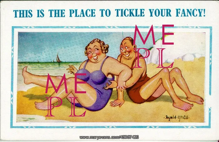 : Comic postcard, Couple having fun on the beach : Comic postcard, Couple having fun on the beach