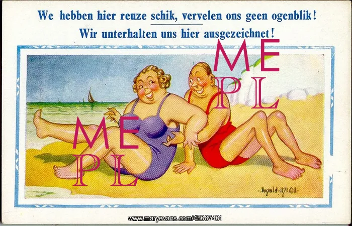 : Comic postcard, Couple having fun on the beach : Comic postcard, Couple having fun on the beach