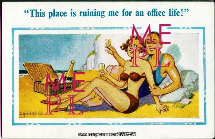 : Comic postcard, Couple having picnic on the beach : Comic postcard, Couple having picnic on the beach