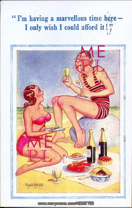 : Comic postcard, Couple having picnic on the beach : Comic postcard, Couple having picnic on the beach