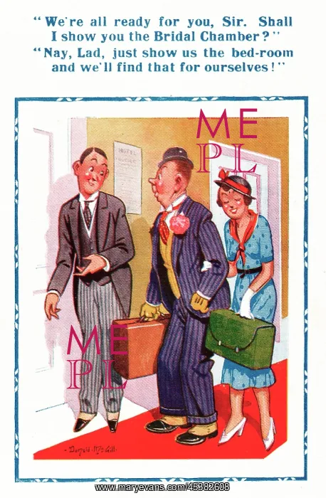 : Comic postcard, Couple on their honeymoon : Comic postcard, Couple on their honeymoon