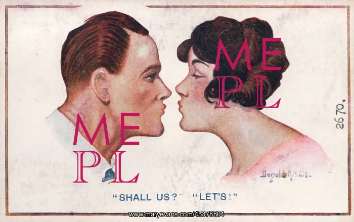 : Comic postcard, Couple about to kiss : Comic postcard, Couple about to kiss