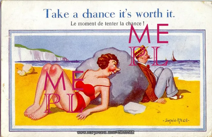 : Comic postcard, Couple leaning on a rock at the seaside : Comic postcard, Couple leaning on a rock at the seaside