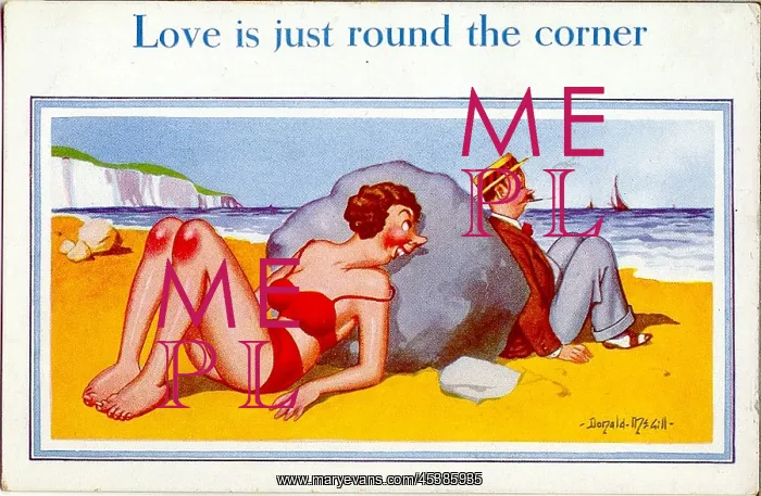 : Comic postcard, Couple leaning on a rock at the seaside : Comic postcard, Couple leaning on a rock at the seaside