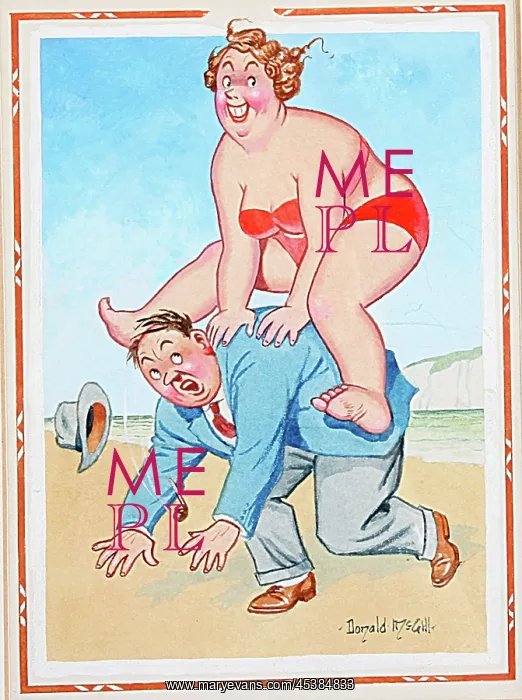 : Comic postcard, Couple leapfrogging on the beach : Comic postcard, Couple leapfrogging on the beach
