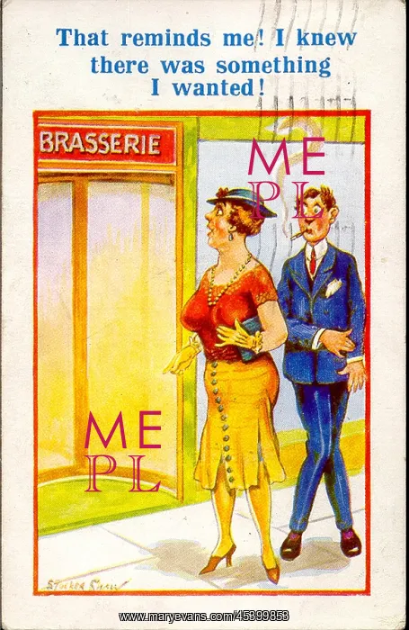 : Comic postcard, Couple outside brasserie : Comic postcard, Couple outside brasserie