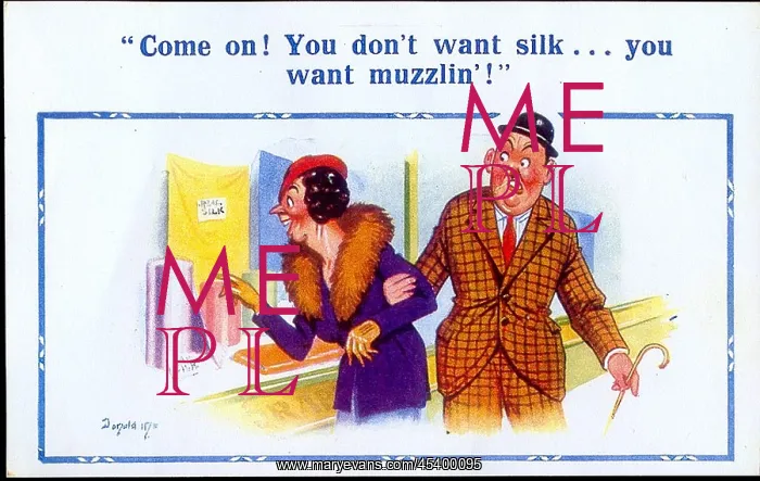 : Comic postcard, Couple passing shop window : Comic postcard, Couple passing shop window