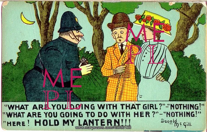 : Comic postcard, Couple and policeman in a park : Comic postcard, Couple and policeman in a park