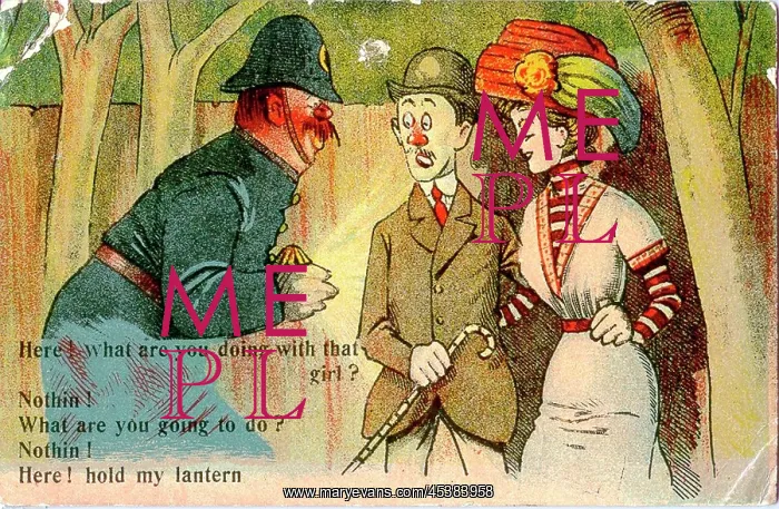 : Comic postcard, Couple and policeman in a park : Comic postcard, Couple and policeman in a park