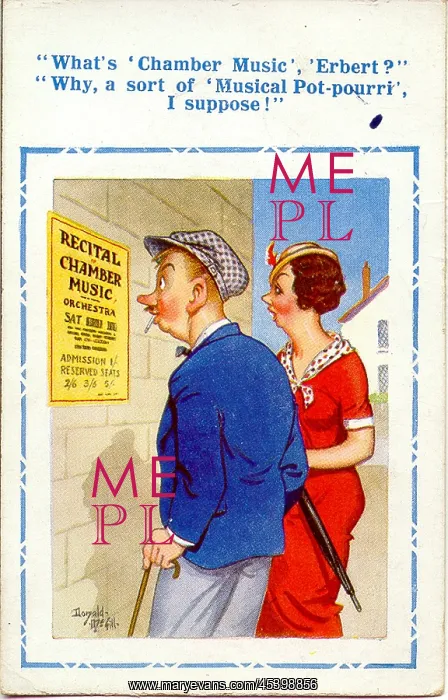: Comic postcard, Couple reading concert poster : Comic postcard, Couple reading concert poster