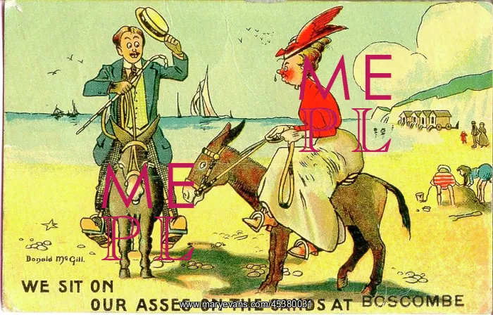 : Comic postcard, Couple riding donkeys on the beach : Comic postcard, Couple riding donkeys on the beach