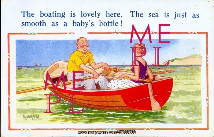 : Comic postcard, Couple in a rowing boat on the sea : Comic postcard, Couple in a rowing boat on the sea