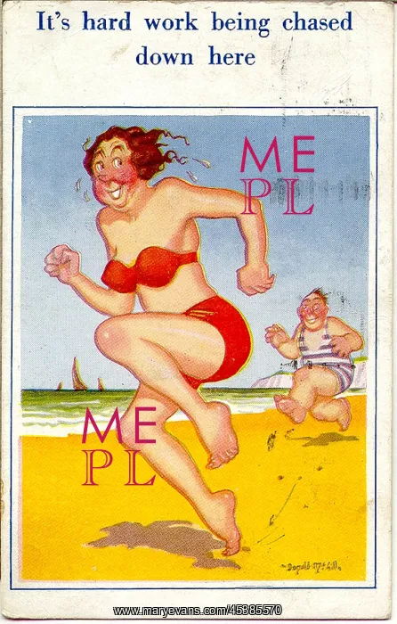 : Comic postcard, Couple running on the beach : Comic postcard, Couple running on the beach