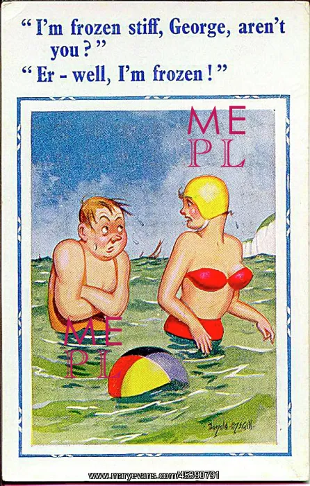 : Comic postcard, Couple in the sea on a cold day : Comic postcard, Couple in the sea on a cold day