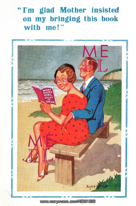 : Comic postcard, Couple sitting on the beach : Comic postcard, Couple sitting on the beach