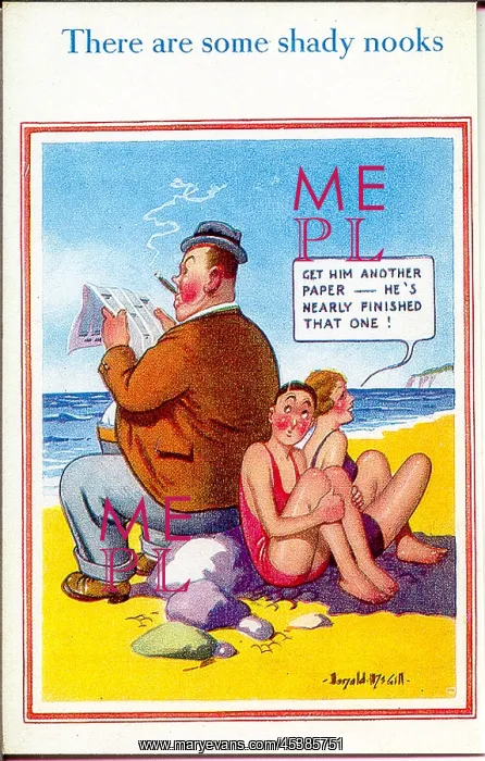 : Comic postcard, Couple sitting on the beach : Comic postcard, Couple sitting on the beach
