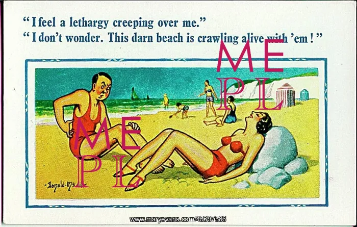 : Comic postcard, Couple sitting on the beach : Comic postcard, Couple sitting on the beach