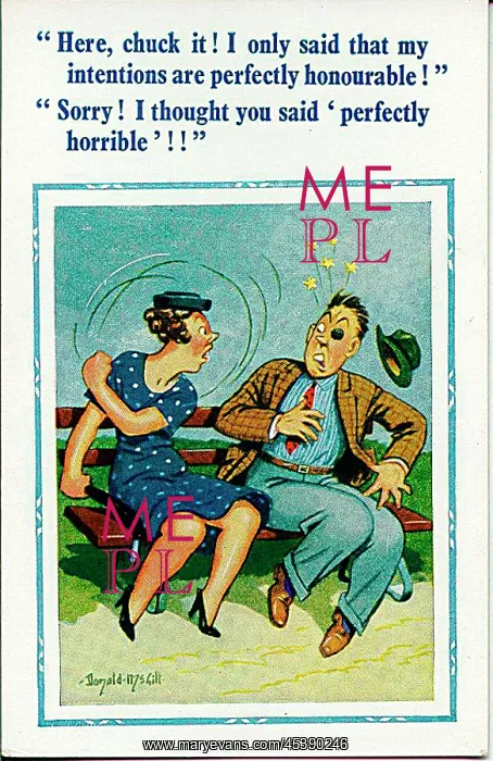 : Comic postcard, Couple sitting on a bench : Comic postcard, Couple sitting on a bench