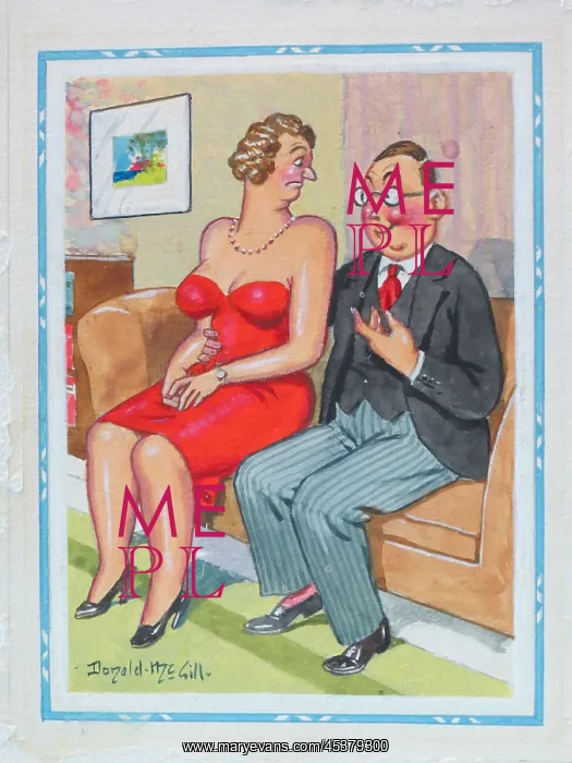 : Comic postcard, Couple on a sofa : Comic postcard, Couple on a sofa